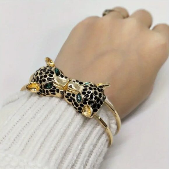 Leopard Head Cuff Bangle Bracelet Exaggerated Rhinestone Hand Jewelry Gift - Picture 1 of 6
